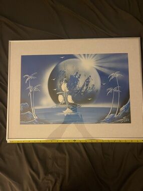 Vintage Tropical Sailboat Seascape Wall Art in Blue and White Signed Spray Art